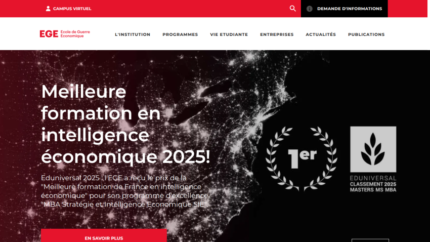 Ecole de Guerre Economique homepage highlighting top ranking for economic intelligence training in 2025 with navigation menu and call to action.