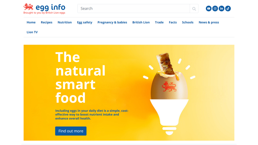 Egg info website promoting eggs as natural smart food with navigation and search bar
