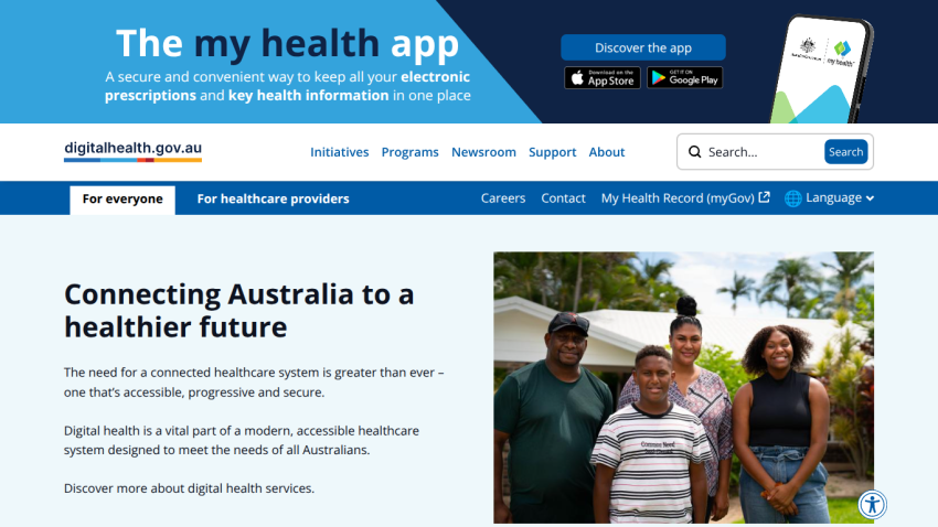Homepage of My Health app promoting healthcare connectivity in Australia.