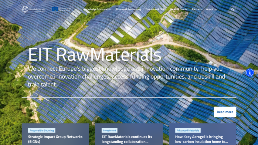 EIT RawMaterials homepage with aerial view of solar panels and text about connecting Europe's innovation community