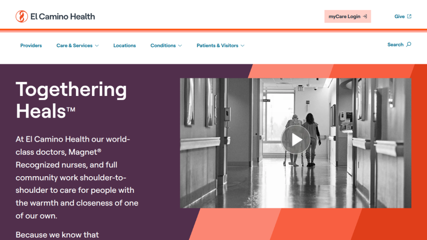 El Camino Health homepage featuring the slogan 'Togethering Heals' and a video play button.