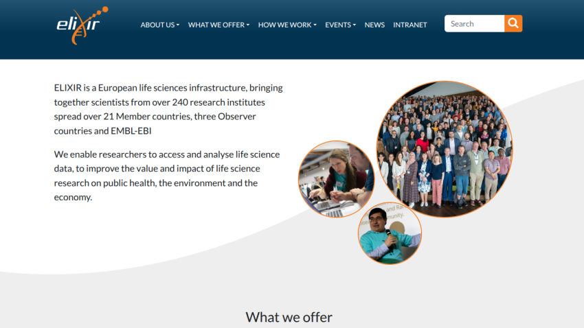 ELIXIR website showcasing life sciences infrastructure and collaboration opportunities.