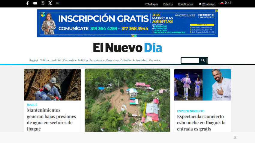 El Nuevo Día news website with headlines on water pressure issues and a free concert in Ibagué, plus a banner for free enrollment at Uniminuto