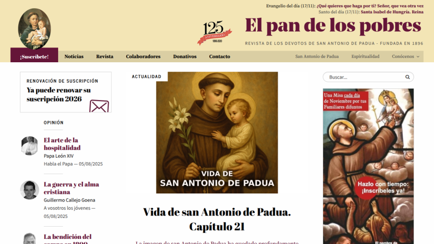 Religious magazine El pan de los pobres with subscription renewal, articles, and featured image of San Antonio de Padua