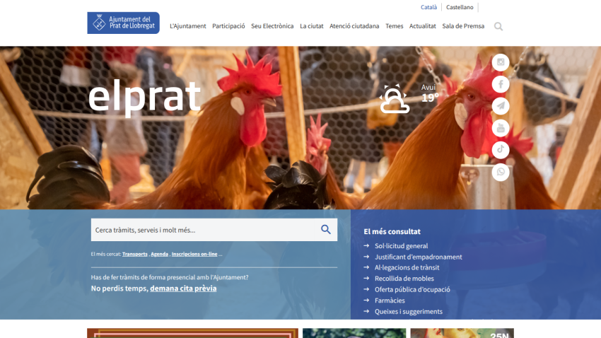 Ajuntament del Prat de Llobregat website with navigation menu, weather info, search bar, and popular services links