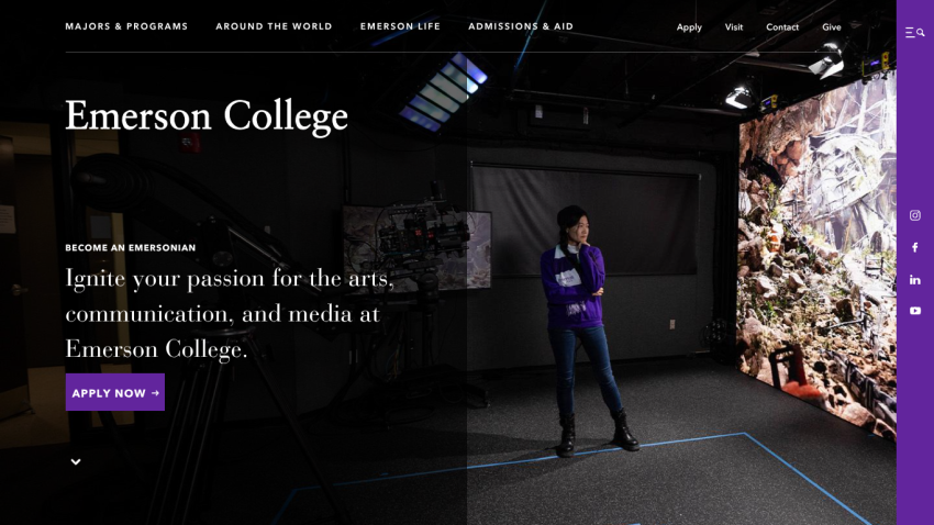 Emerson College homepage featuring a student in a studio setting with a call to action to apply.