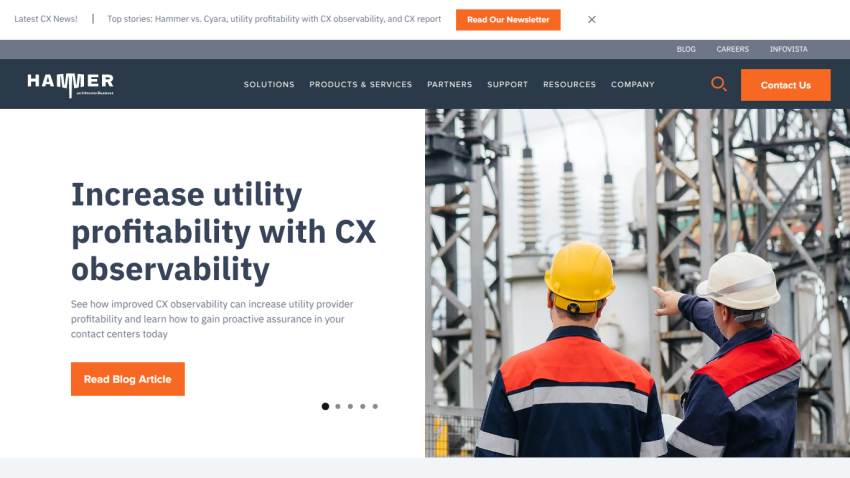Hammer website promoting increased utility profitability with CX observability and a call to read blog article