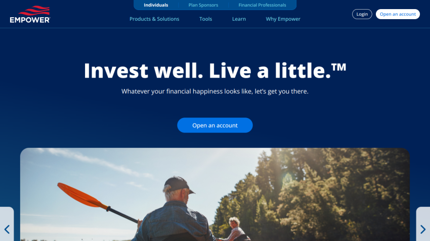 Homepage featuring a man kayaking with the tagline 'Invest well. Live a little.'