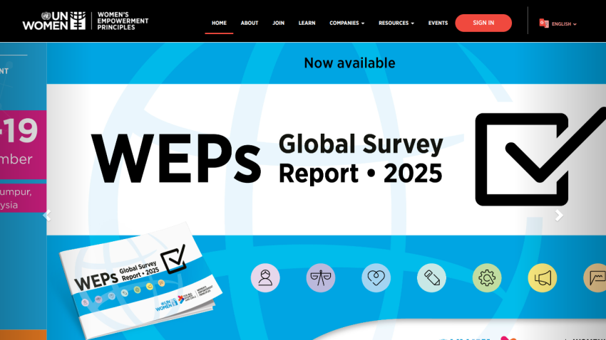 UN Women Women's Empowerment Principles homepage promoting the 2025 Global Survey Report and November event in Kuala Lumpur