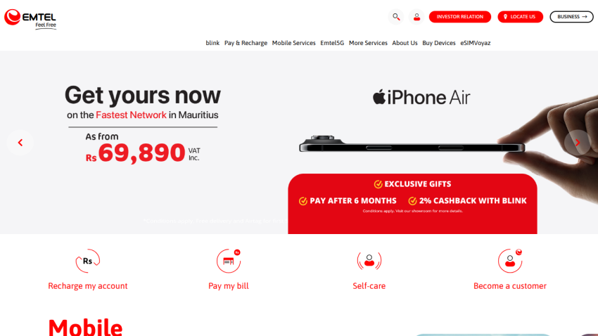 Emtel homepage offering iPhone Air with price and exclusive gifts, featuring navigation and service options