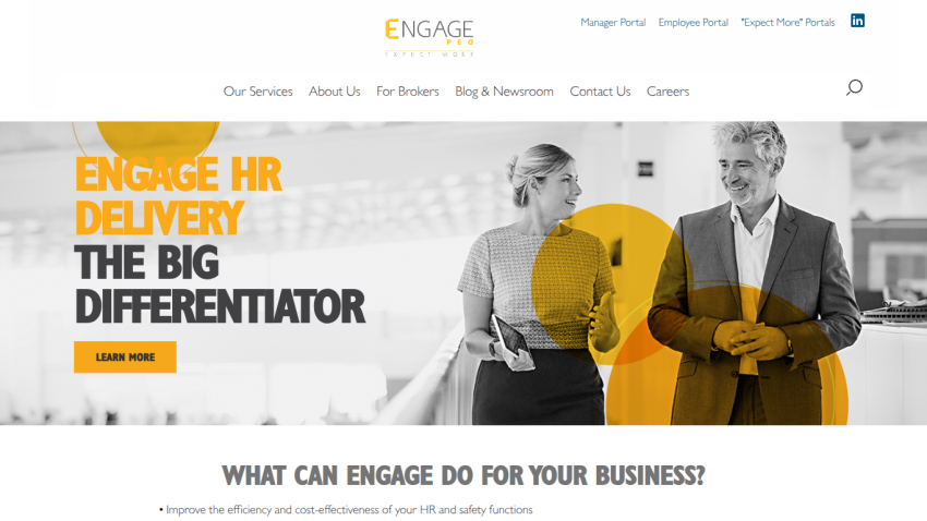 Engage PEO homepage with navigation links and a hero section promoting HR delivery as a big differentiator