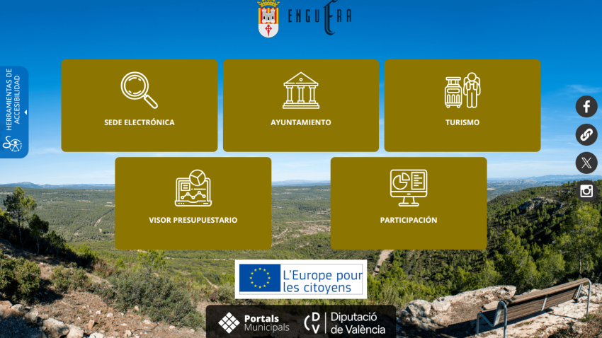 Website homepage with navigation options for electronic office, town hall, tourism, prospective residents, and participation over a scenic landscape background