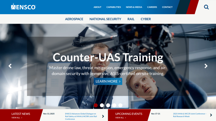 ENSCO website with navigation and hero section promoting Counter-UAS Training with immersive, ASIS-certified on-site training