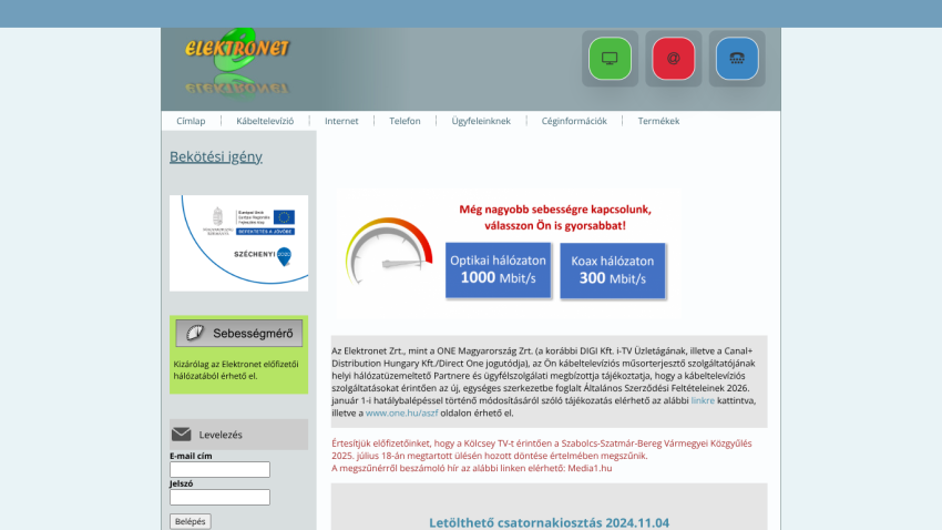 Elektronet homepage showing internet speed options of 1000 Mbit/s optical and 300 Mbit/s coax networks with subscriber login form