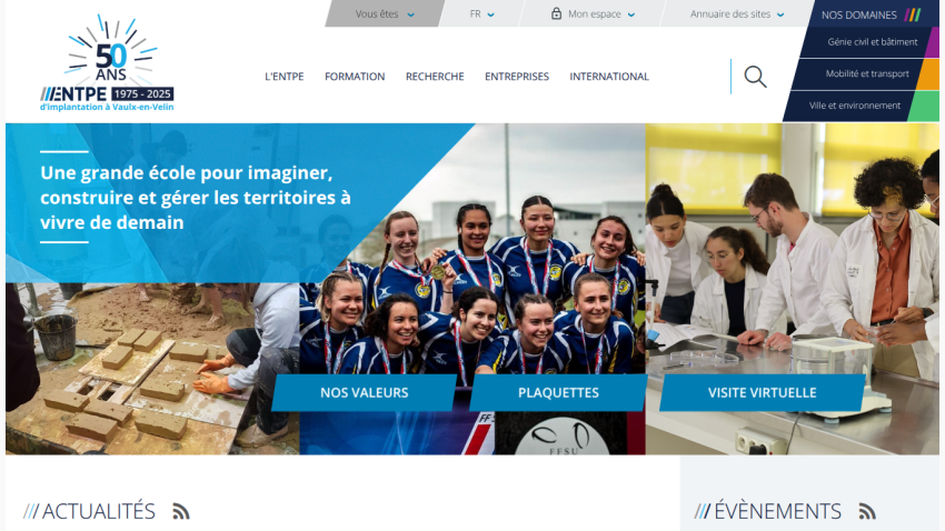 Homepage of ENTPE school celebrating 50 years, highlighting education for future territories with values, brochures, and virtual visit options