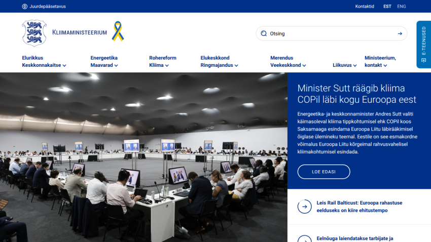 Estonian Ministry of Climate website showing news about Minister Sutt speaking at COP conference with a large meeting photo.
