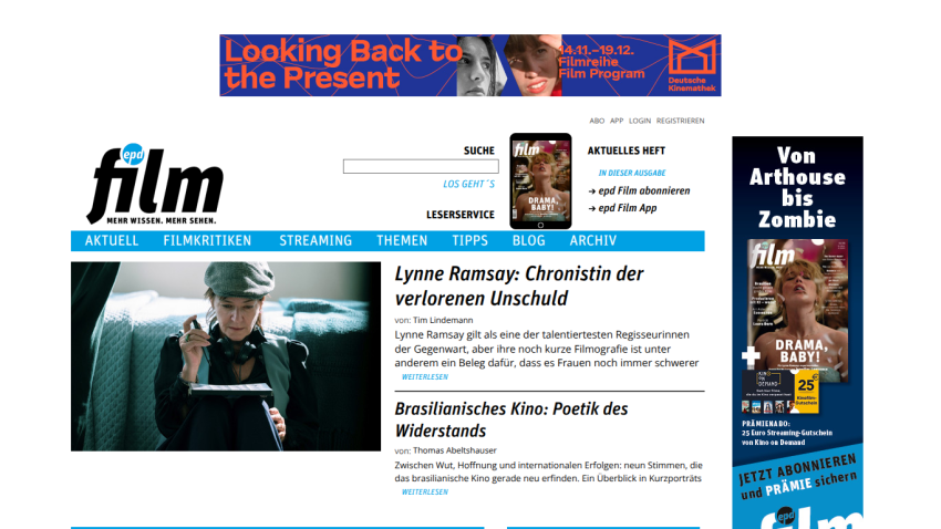 Film website homepage featuring articles on Lynne Ramsay and Brazilian cinema, with navigation and subscription options