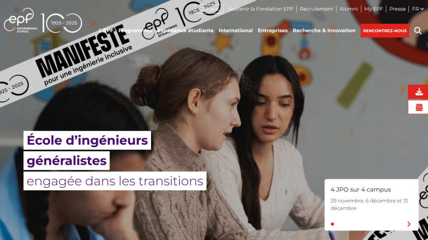 Engineering school EPF homepage with headline about generalist engineers engaged in transitions and event dates on four campuses