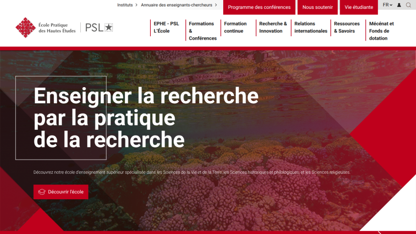 Homepage featuring a coral reef background with the text promoting research education.