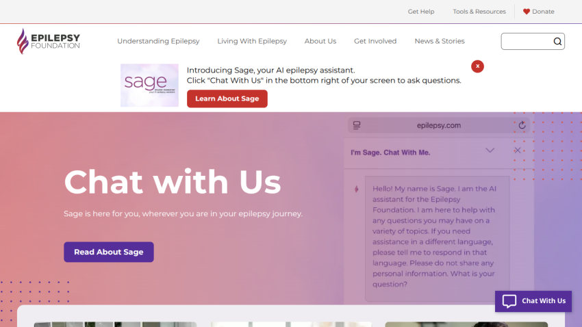 Chat section inviting users to engage with the epilepsy assistant, Sage.