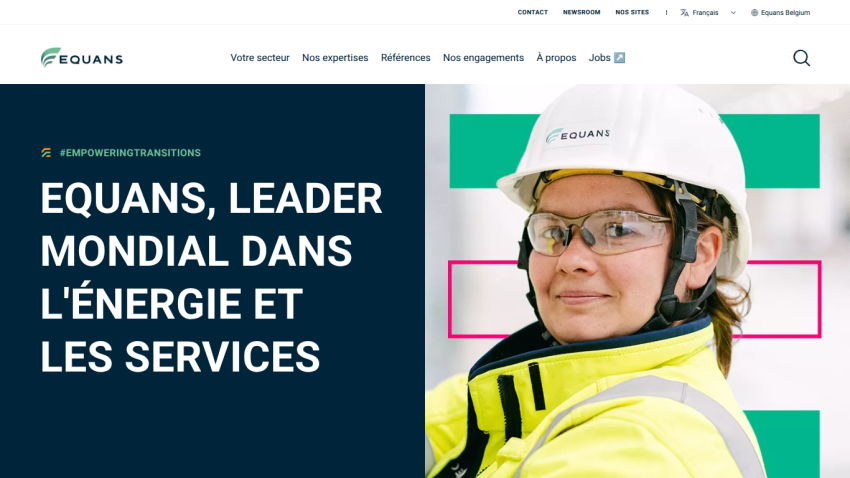 Equans homepage with a worker in safety gear and text about being a global leader in energy and services