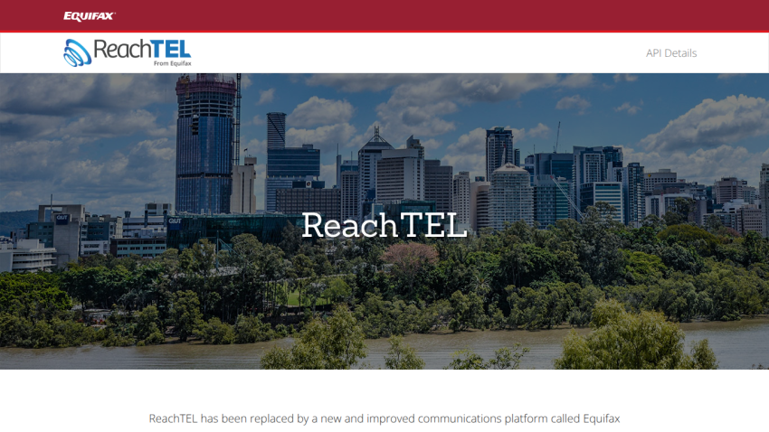 ReachTEL website header with city skyline background and text about new communications platform