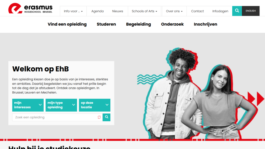 Erasmus Hogeschool Brussel homepage with welcome message, study program search filters, and image of two smiling students