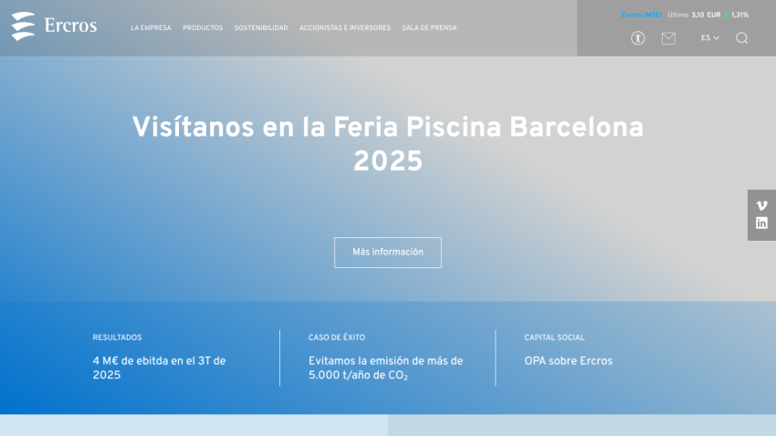 Ercros website promoting visit to Feria Piscina Barcelona 2025 with financial and sustainability highlights