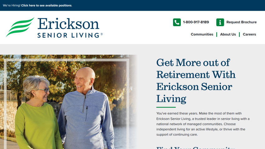 Erickson Senior Living homepage with a smiling senior couple and headline about retirement living options