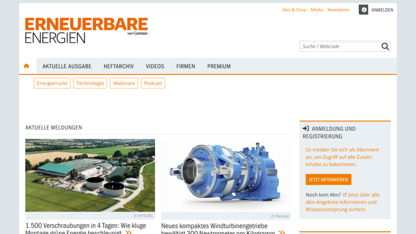 Renewable energy news site with headlines on smart screw connections and compact wind turbine gearboxes
