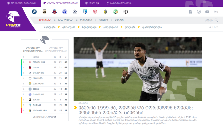Crystalbet football league standings and news with a player celebrating on the field