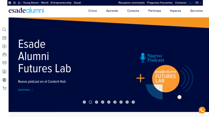 Esade Alumni Futures Lab homepage featuring a podcast announcement and navigation options.