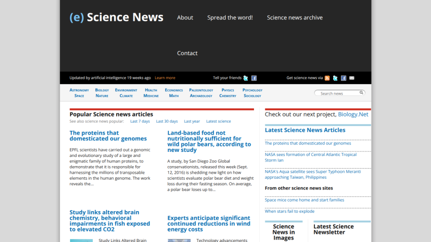 Homepage of Science News featuring popular articles and navigation links.