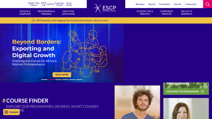 Homepage of ESCP featuring a banner on exporting and digital growth with course finder options.