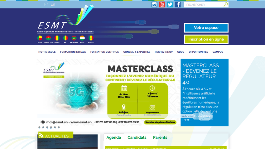 Homepage of ESMT featuring a Masterclass section and navigation options.