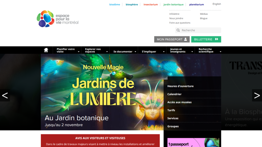 Homepage featuring 'Jardins de LUMIÈRE' event at the botanical garden.