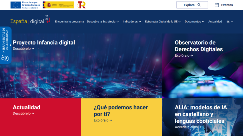 España Digital 2026 website with sections on digital childhood project, digital rights observatory, news, and AI models in Spanish and co-official languages