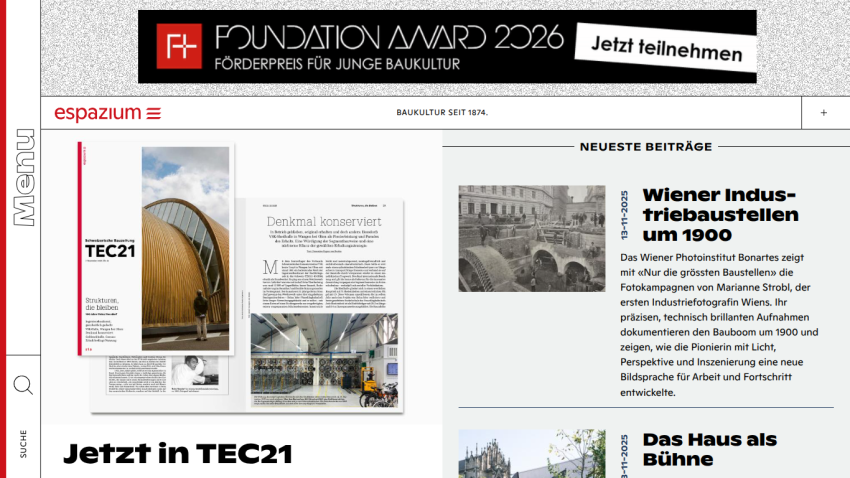 Website header and hero section featuring TEC21 magazine with articles and recent posts about industrial construction and architecture.