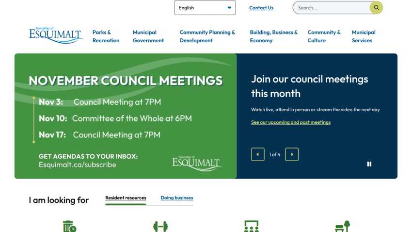 Township of Esquimalt website showing November council meetings schedule and invitation to join meetings