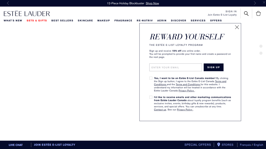 Estee Lauder website homepage with navigation menu and a reward program sign-up offer in the hero section
