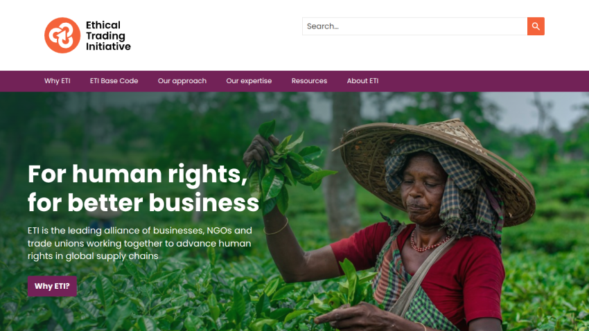 Ethical Trading Initiative homepage promoting human rights and better business with a call to action button
