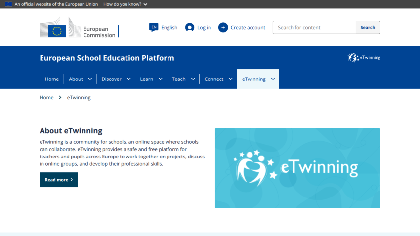 European School Education Platform homepage featuring eTwinning section.
