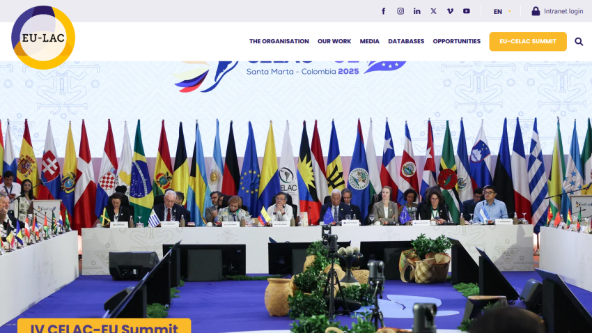 EU-LAC website showing EU-CELAC Summit 2025 with flags and delegates at a conference table
