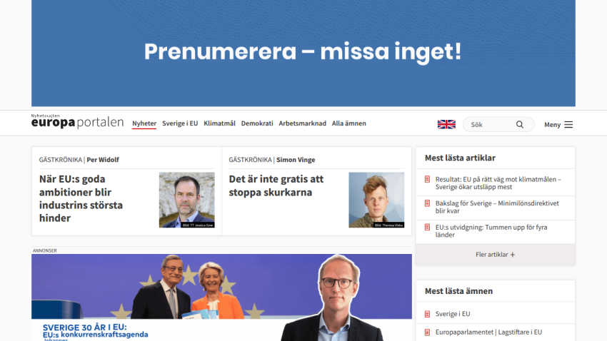 News portal homepage with articles on EU ambitions, climate goals, and most read articles listed