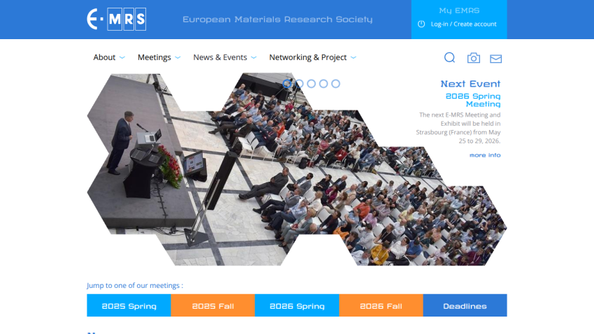European Materials Research Society homepage with navigation, event details for 2026 Spring Meeting in Strasbourg, and a speaker addressing an audience
