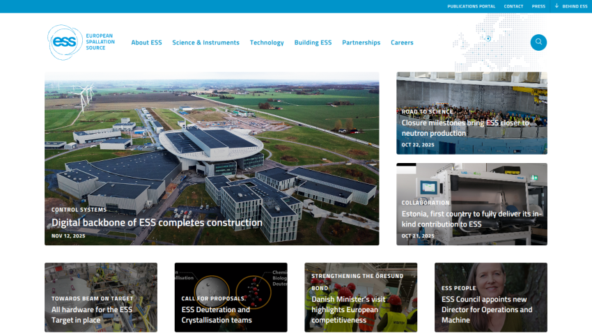 European Spallation Source homepage with news on ESS construction, neutron production milestones, and collaborations