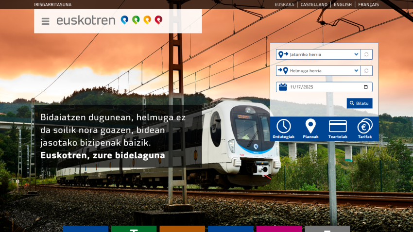 Train service website with a train on tracks at sunset and a search form for departure, destination, and date