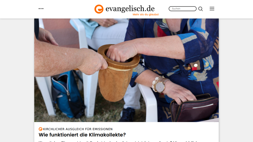 Hands exchanging a collection bag, with a headline about climate donations.