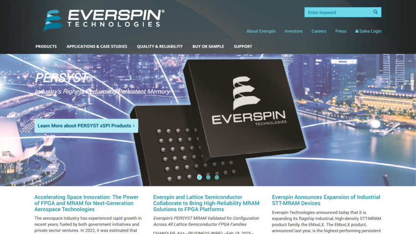 Everspin Technologies homepage featuring PERSYST persistent memory product with navigation and news highlights