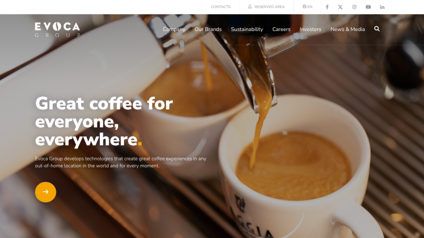 Evoca Group homepage with coffee pouring into a cup and text about great coffee experiences worldwide